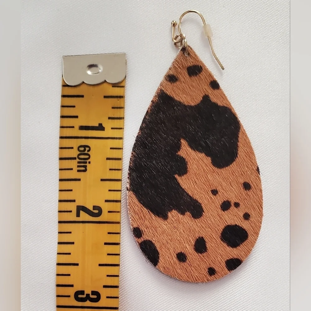 Cow Print Teardrop Earrings Brown and Black Faux Leather Western Lightweight - Picture 4 of 7